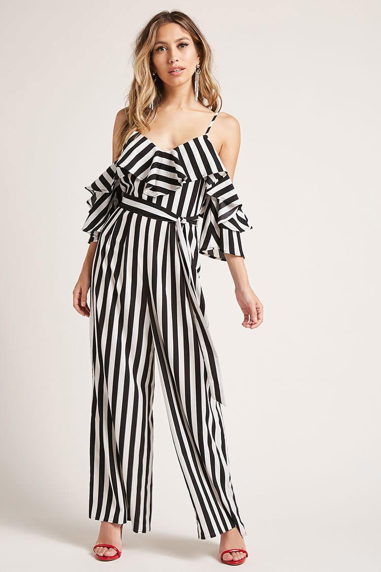 Forever 21 Synthetic Striped Palazzo Jumpsuit In Black