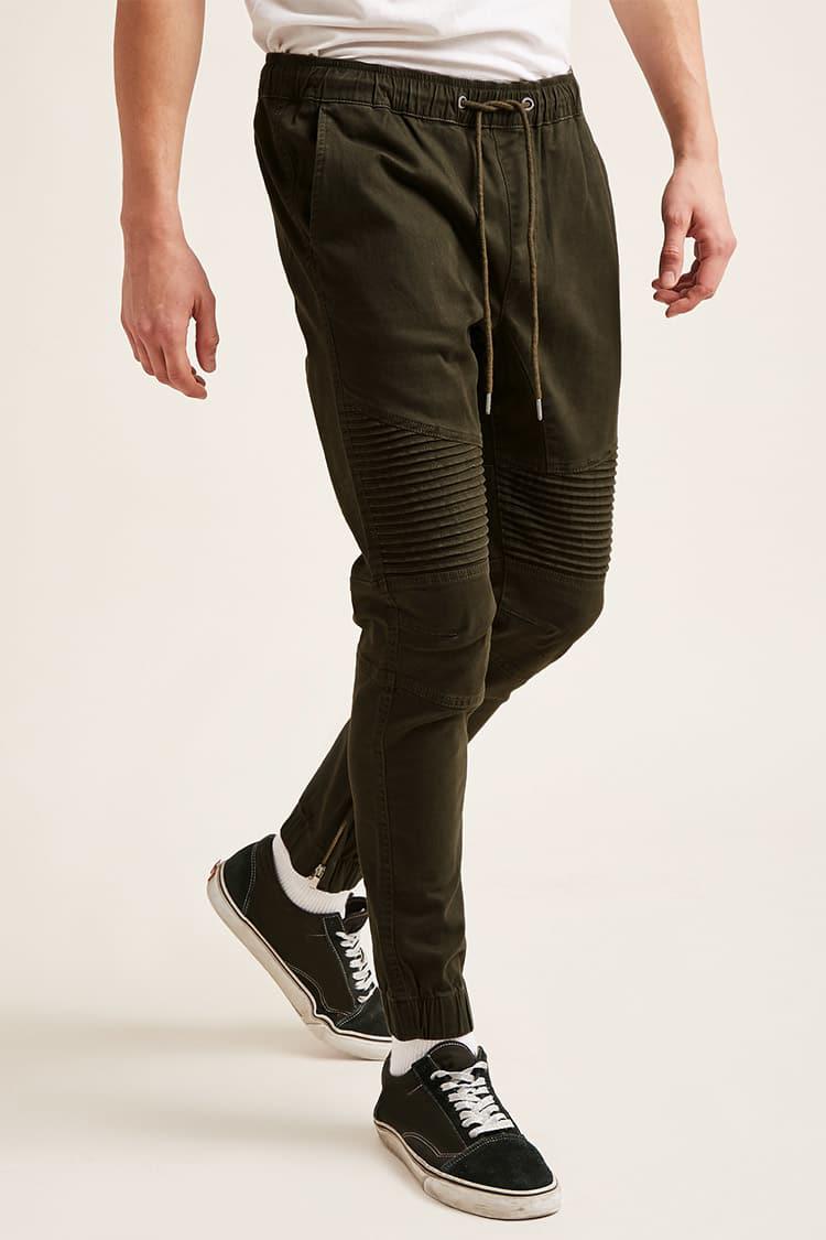 Forever 21 Cotton 's Zippered Moto Jogger Pants in Olive