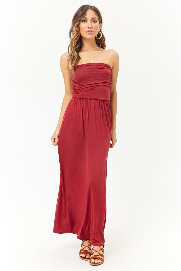 ruched strapless maxi dress