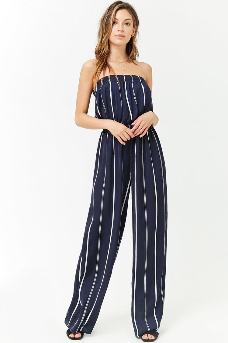 Forever 21 Satin Striped Strapless Jumpsuit in Navy/White (Blue) - Lyst