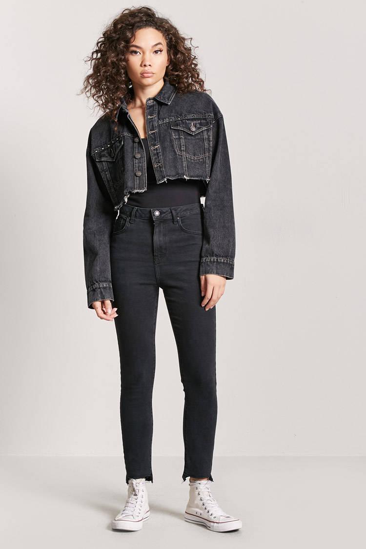 Forever 21 Studded Cropped Denim Jacket in Black - Lyst