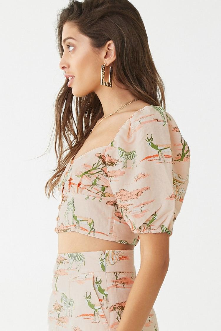 Forever 21 Linen Safari Print Crop Top In Pink Green Pink Lyst