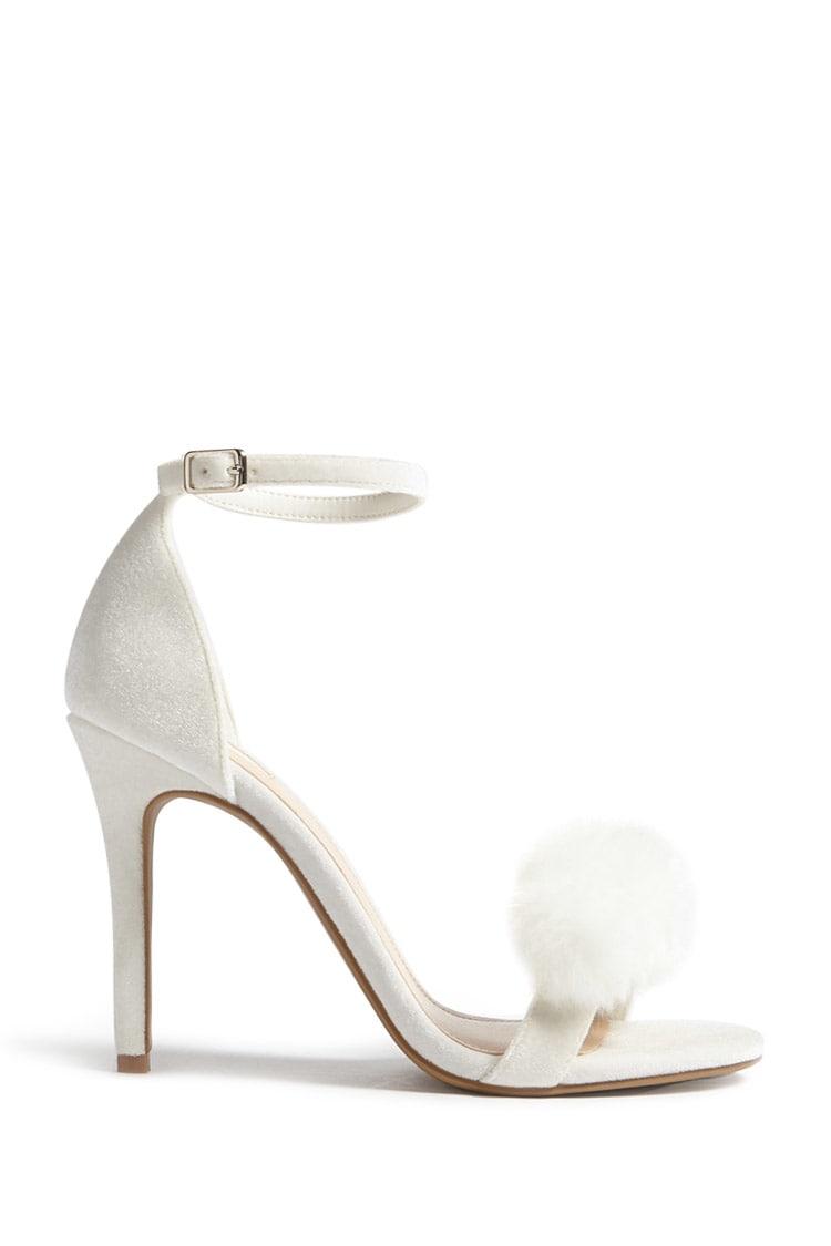 Faux Fur Velvet Strappy Heels in White 