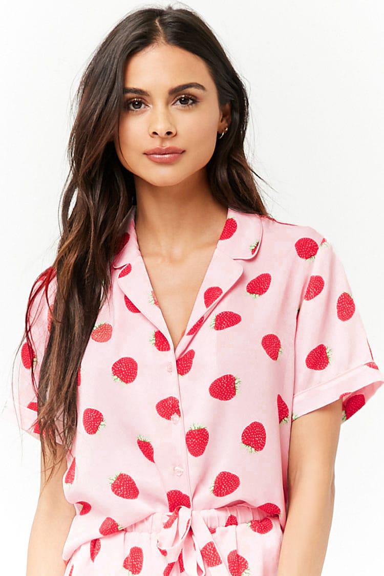 Forever 21 Satin Strawberry Print Shirt 