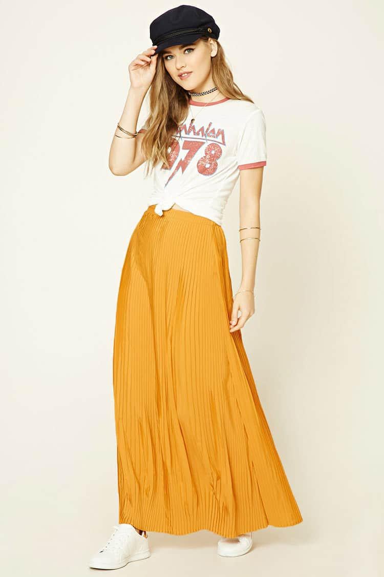 mustard pleated maxi skirt