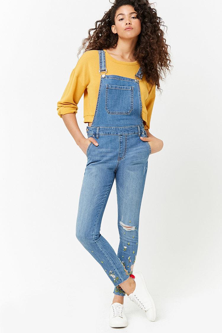 Floral Embroidered Denim Overalls 