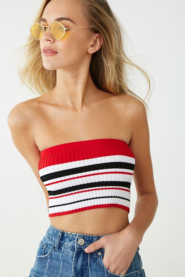 Forever 21 Synthetic Women S Varsity Striped Tube Top In Red White