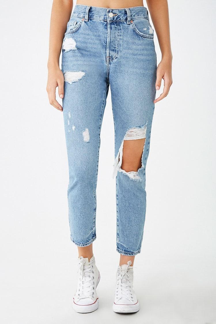 destroyed high rise mom jeans