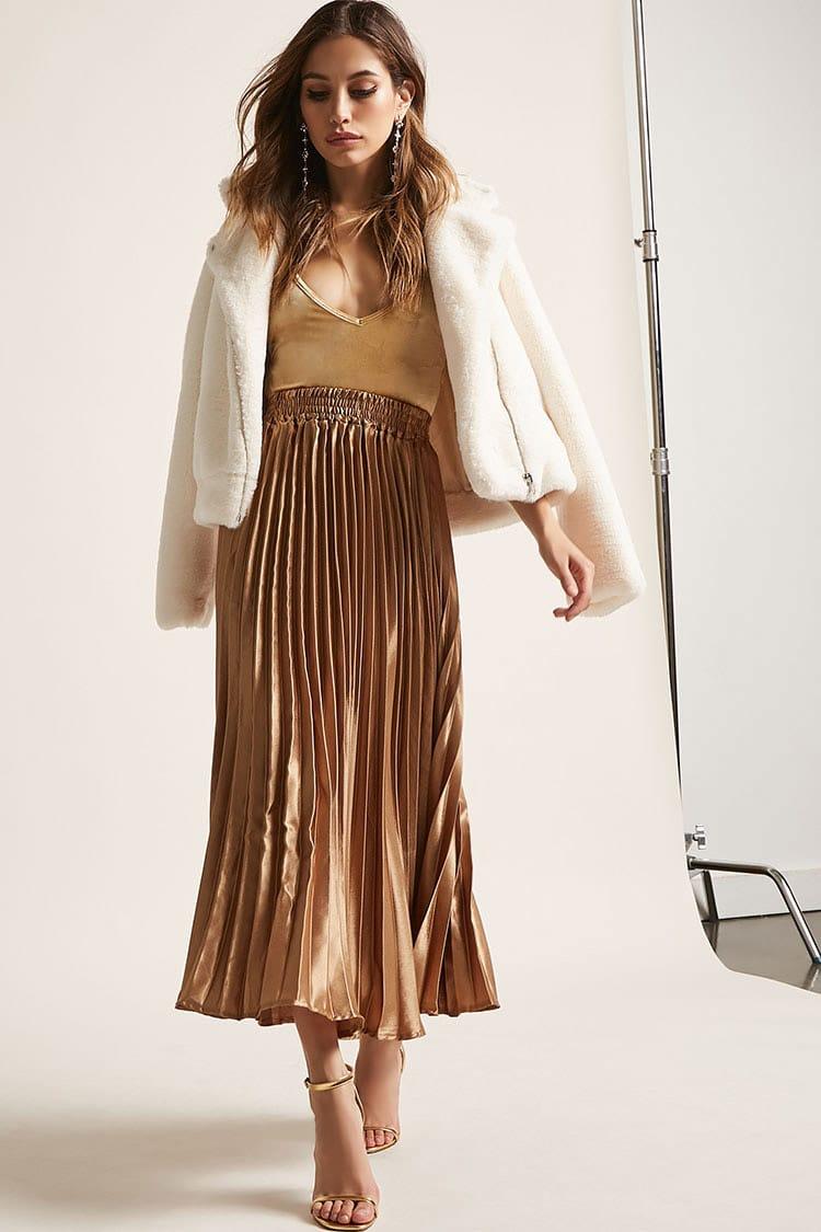 gold pleated maxi skirt