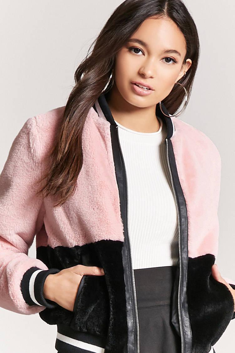 pink fluffy bomber jacket