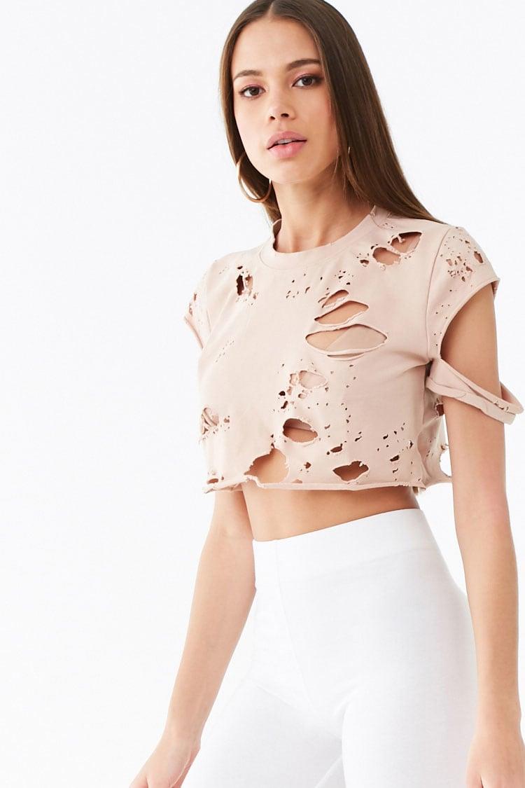 Forever 21 Cotton Kikiriki Heavily Distressed Crop Top Nude In Natural Lyst