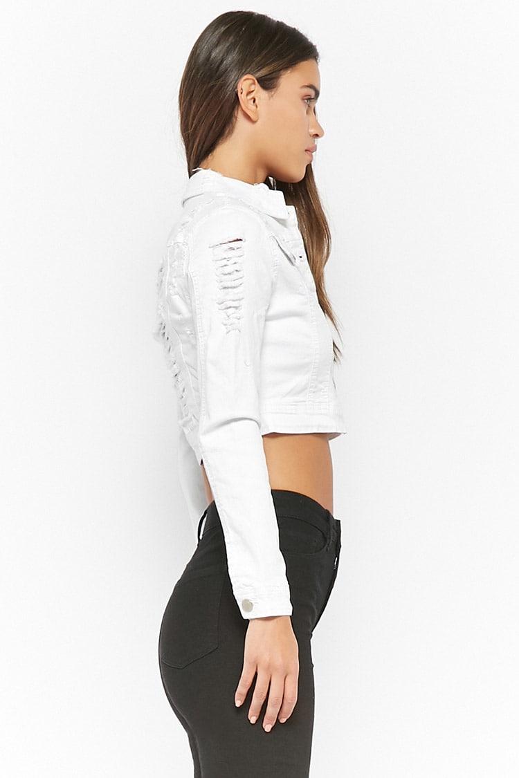 Forever 21 Cropped Distressed Denim Jacket in White | Lyst