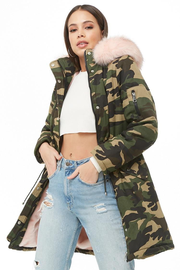 Forever 21 Cotton Faux Fur-trim Hooded Camo Jacket in Olive/Pink (Green) -  Lyst