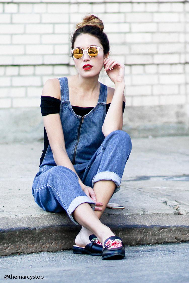 zip front denim overalls