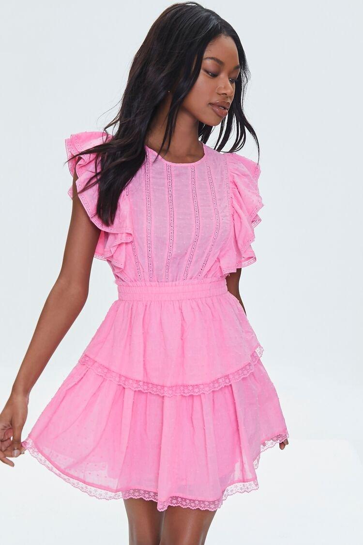 Women Clip Dot Lace Ruffled Mini Dress 
