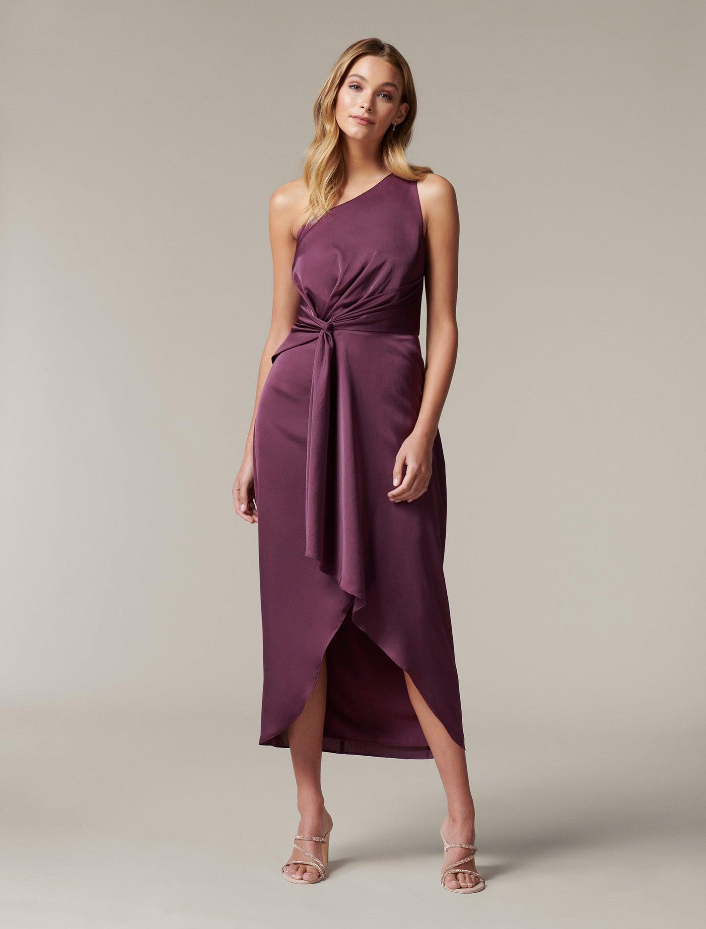 one shoulder plum dress