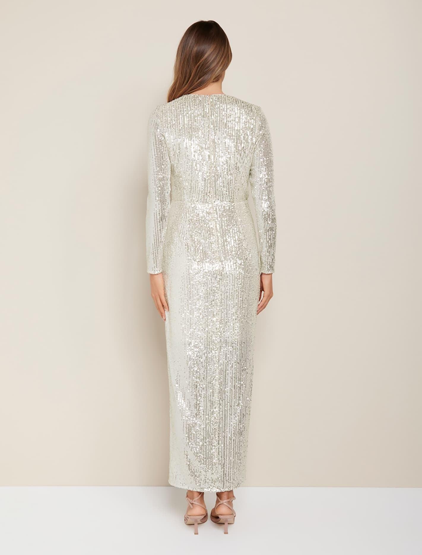 long sleeve silver maxi dress