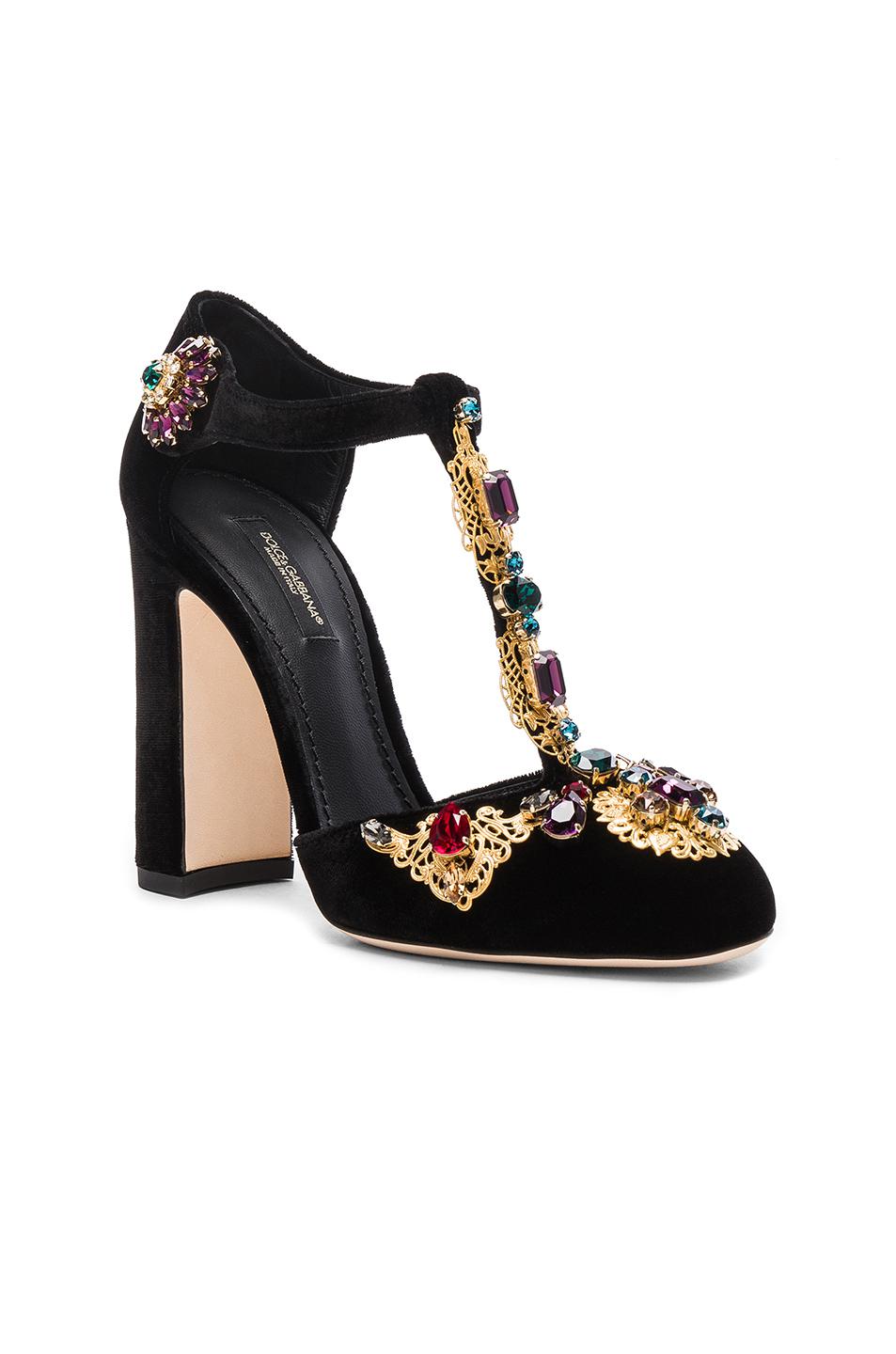 Dolce & Gabbana Jewel Embellished Velvet T Strap Heels in Black | Lyst