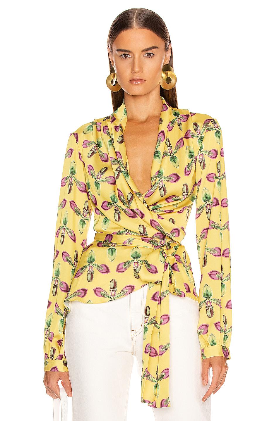 yellow floral wrap top