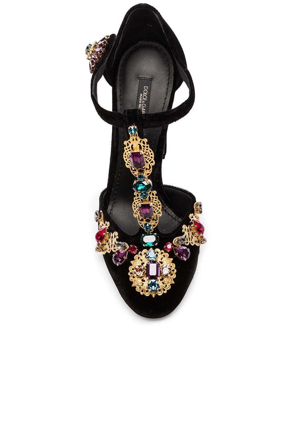 Dolce & Gabbana Jewel Embellished Velvet T Strap Heels in Black | Lyst