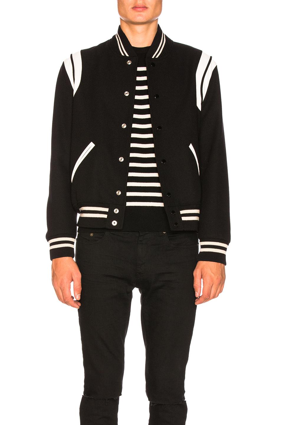 Saint Laurent Teddy LeatherTrimmed Wool Varsity Jacket in Black