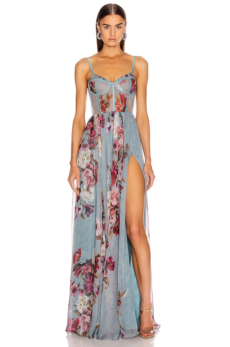 PATBO Peony Print Bustier Maxi Dress With Belt in Blue | Lyst