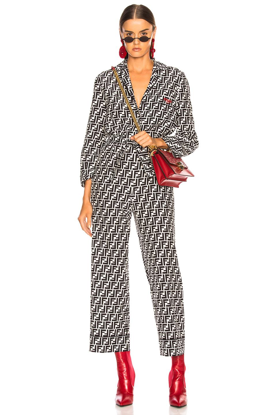 Fendi Logo Print Belted Pajama Jumpsuit in Black | Lyst