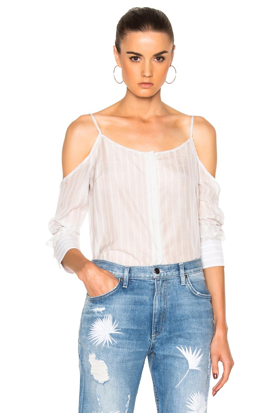 white off the shoulder button down