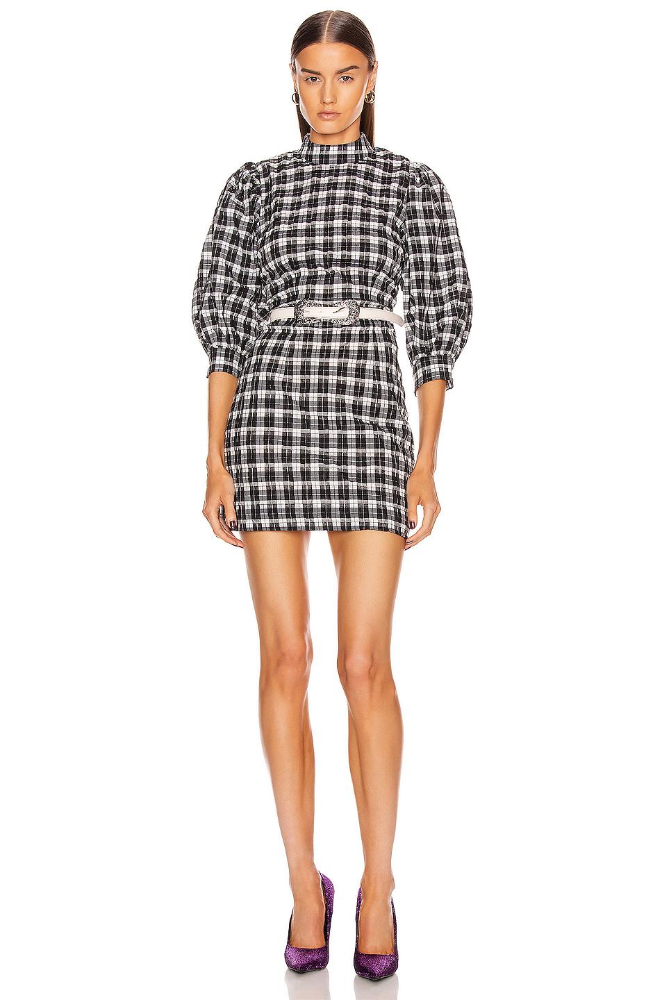 Ganni Cotton Seersucker Check Dress in Black - Lyst