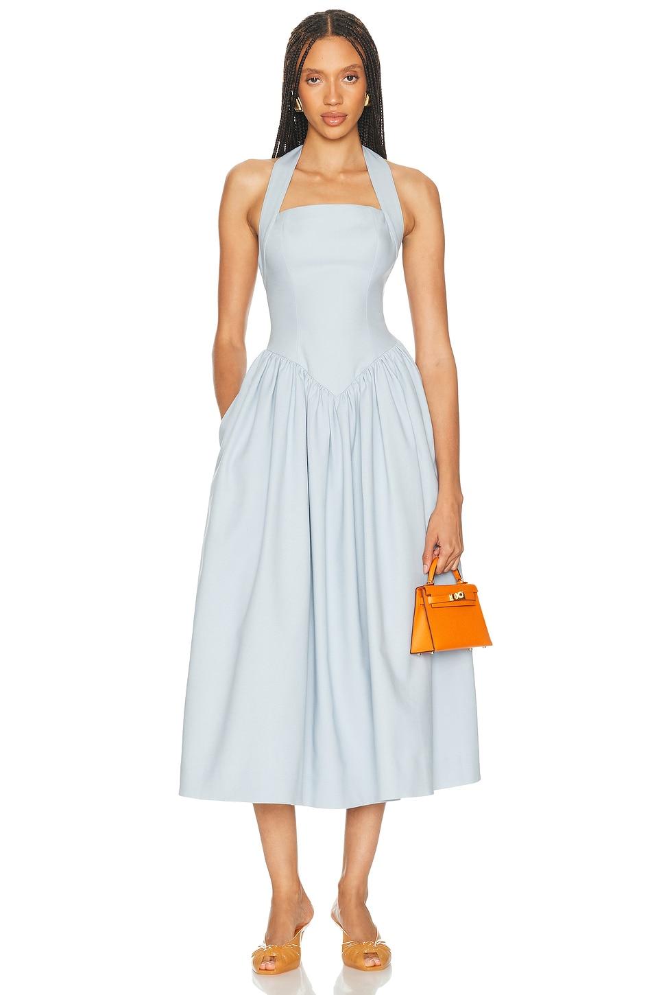 helsa blue dress The Sabine in Silk Chiffon in Hydrangea This Helsa dress is crafted from 100% viscose satin fabric with lace trim Helsa Slinky Jersey Sarong Maxi