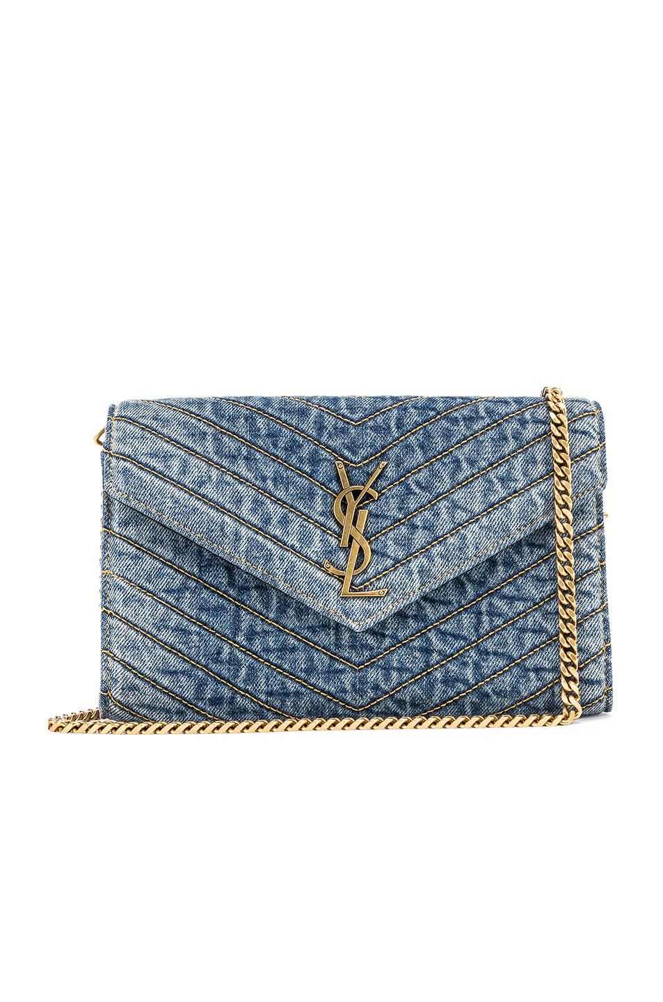 Saint Laurent Monogram Ysl Medium Denim Wallet On Chain in Blue | Lyst