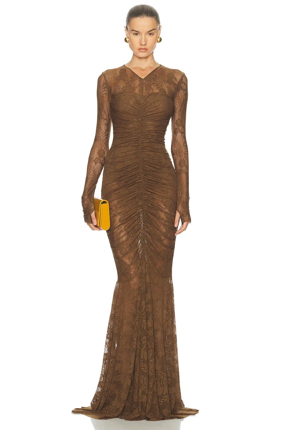 norma kamali brown dress Oversized Boyfriend Shirt Flared Gown in Chocolate cut edges Built Norma Kamali - Gathered jersey