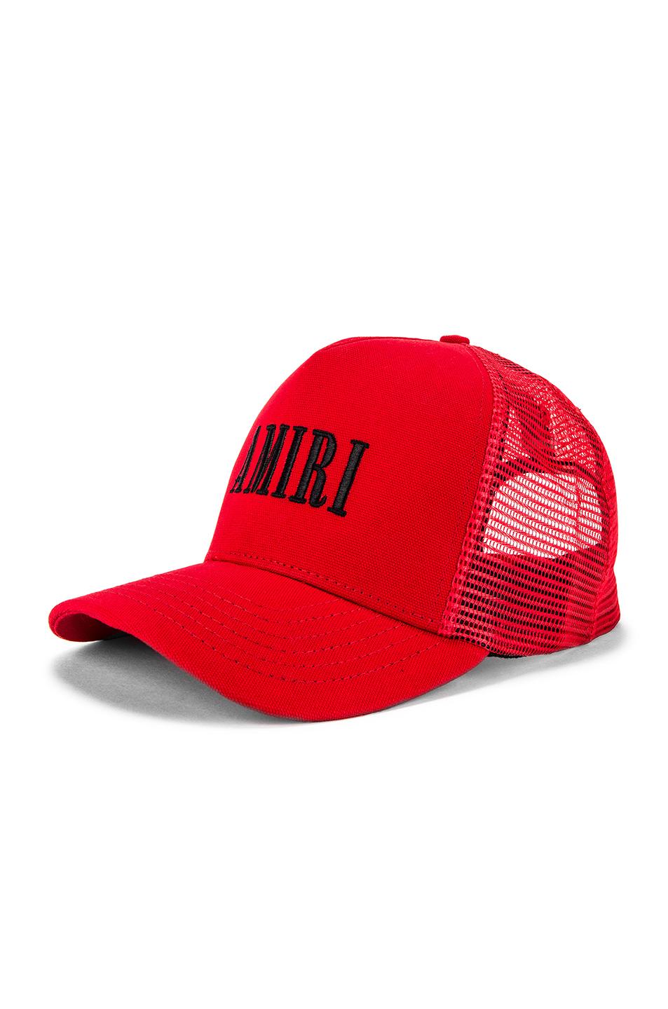 Amiri Canvas Trucker Hat in Red \u0026 Black 