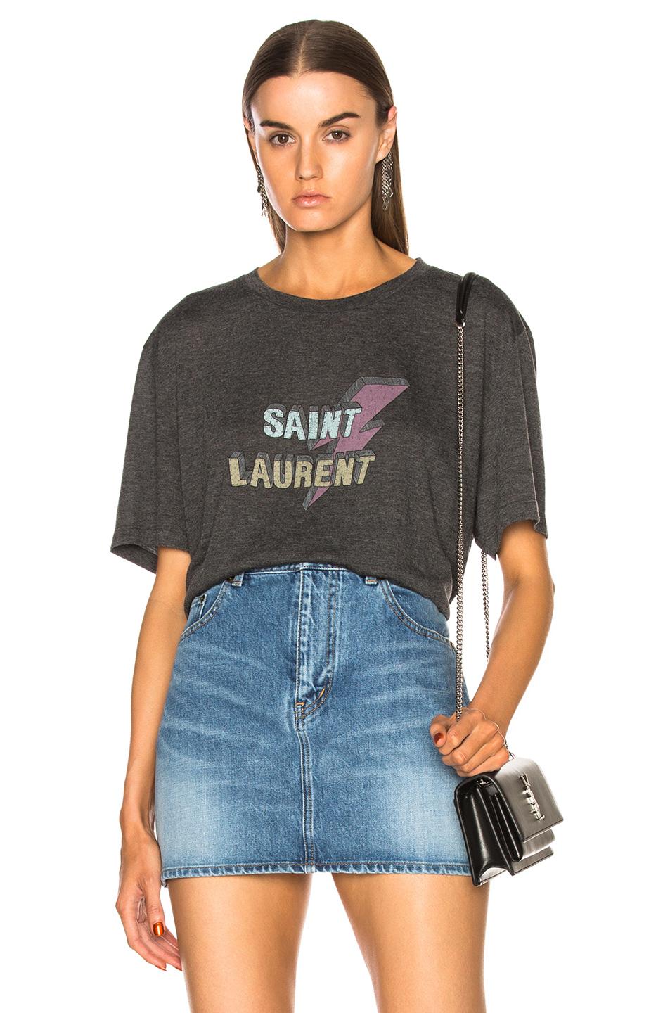 Saint Laurent Synthetic Lightning Bolt Logo Boyfriend Tee in Black | Lyst