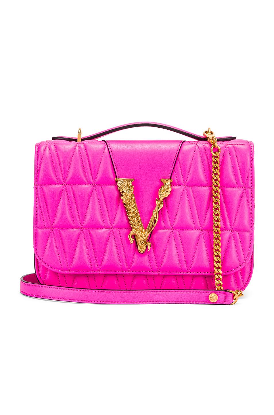 Versace Quilted Leather Tribute Crossbody Bag in Fuchsia & Gold (Pink