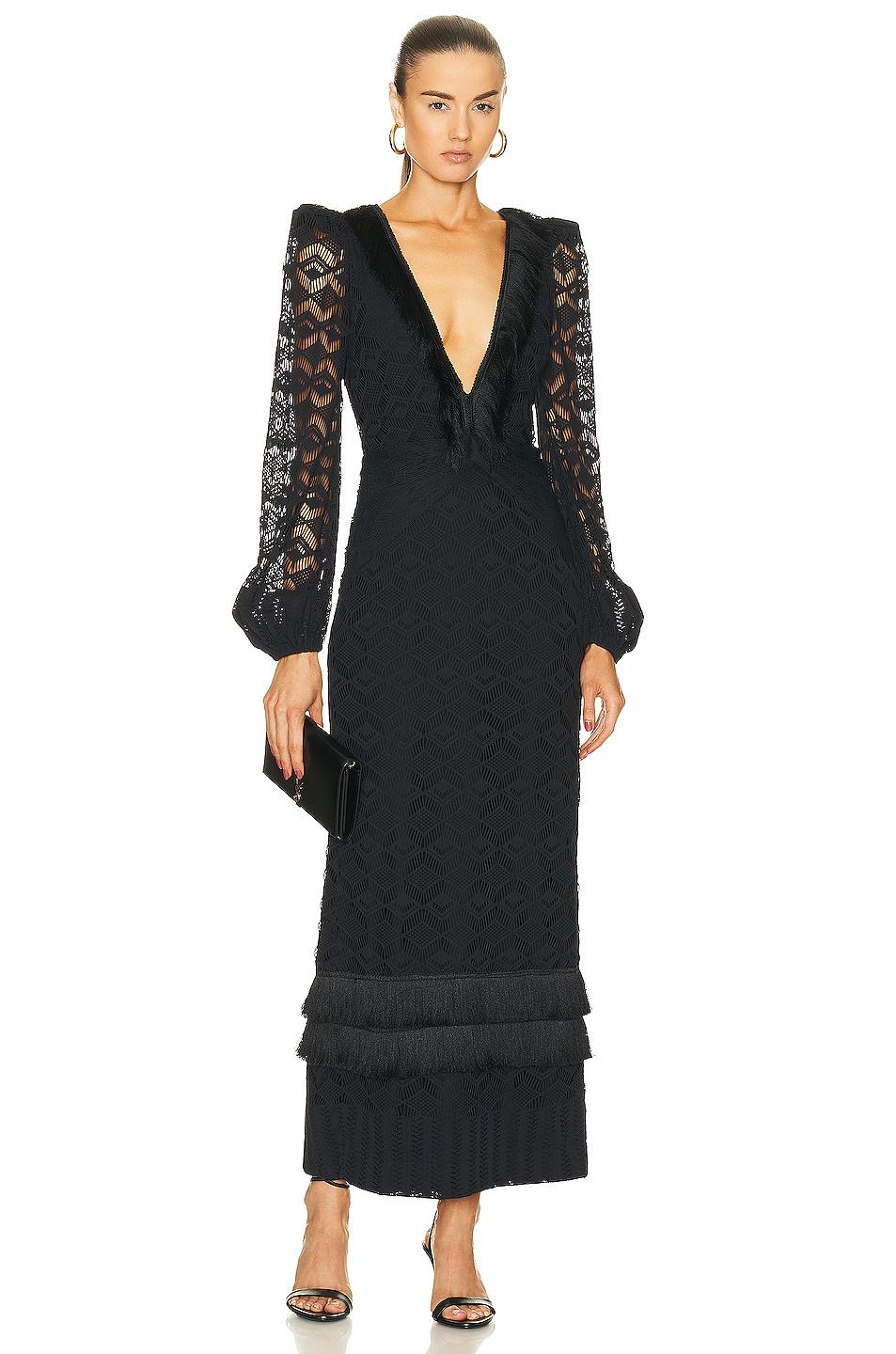 PATBO Crochet Plunge Fringe Trim Maxi Dress in Black | Lyst UK