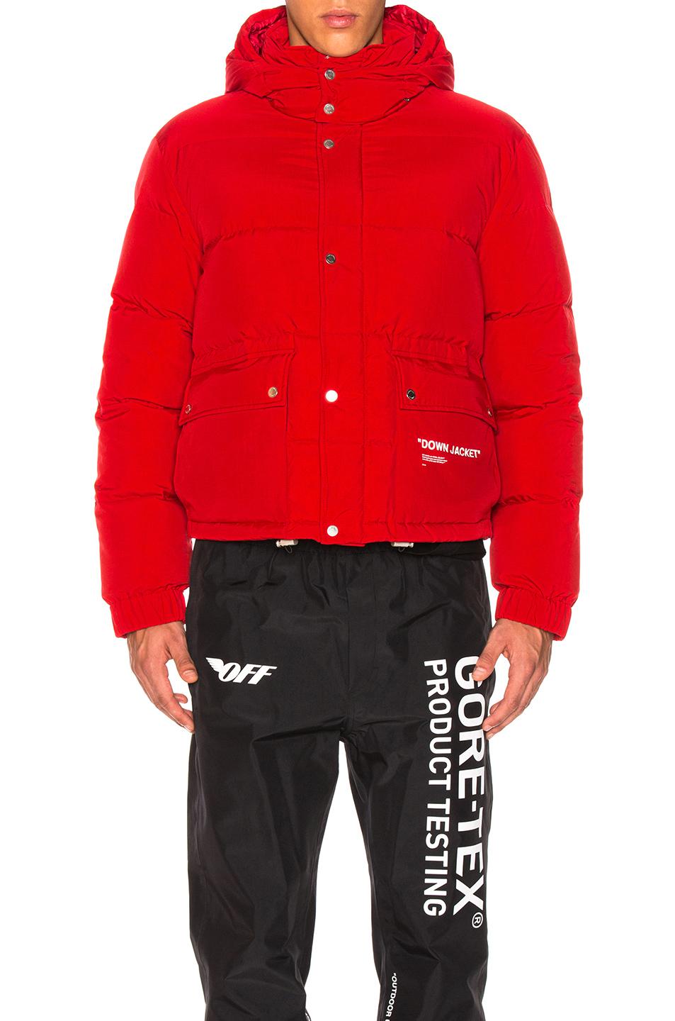 off white red down jacket