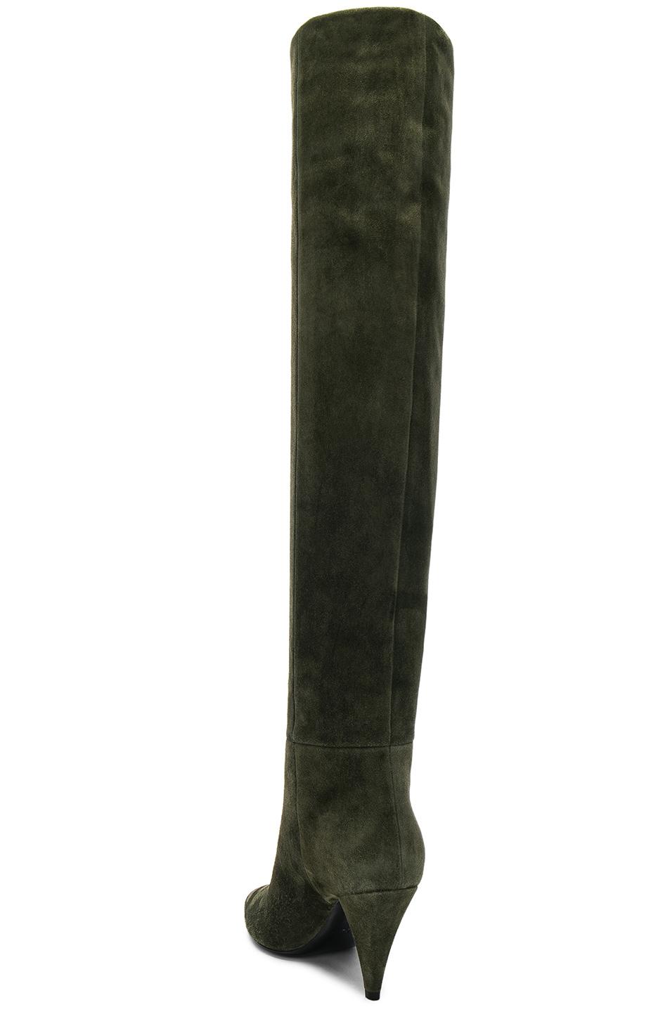 Saint Laurent Era Suede Heeled Thigh High Boots In Army Green | Lyst