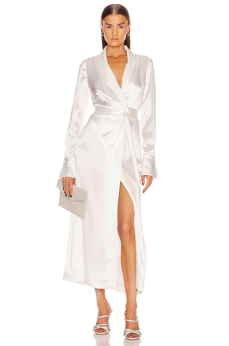 Satin wrap dress clearance white