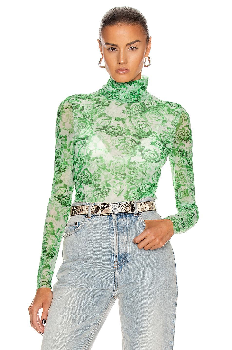 Ganni Synthetic Printed Mesh Top in Green | Lyst