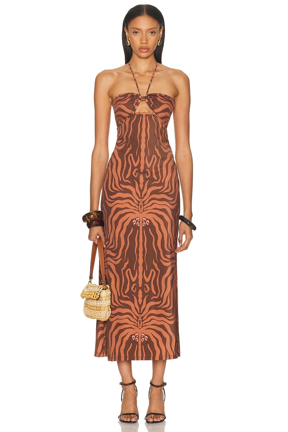 knee length dresses for ladies Faithfull The Brand Jamie Juniper Stripe Strapless Midi Dress