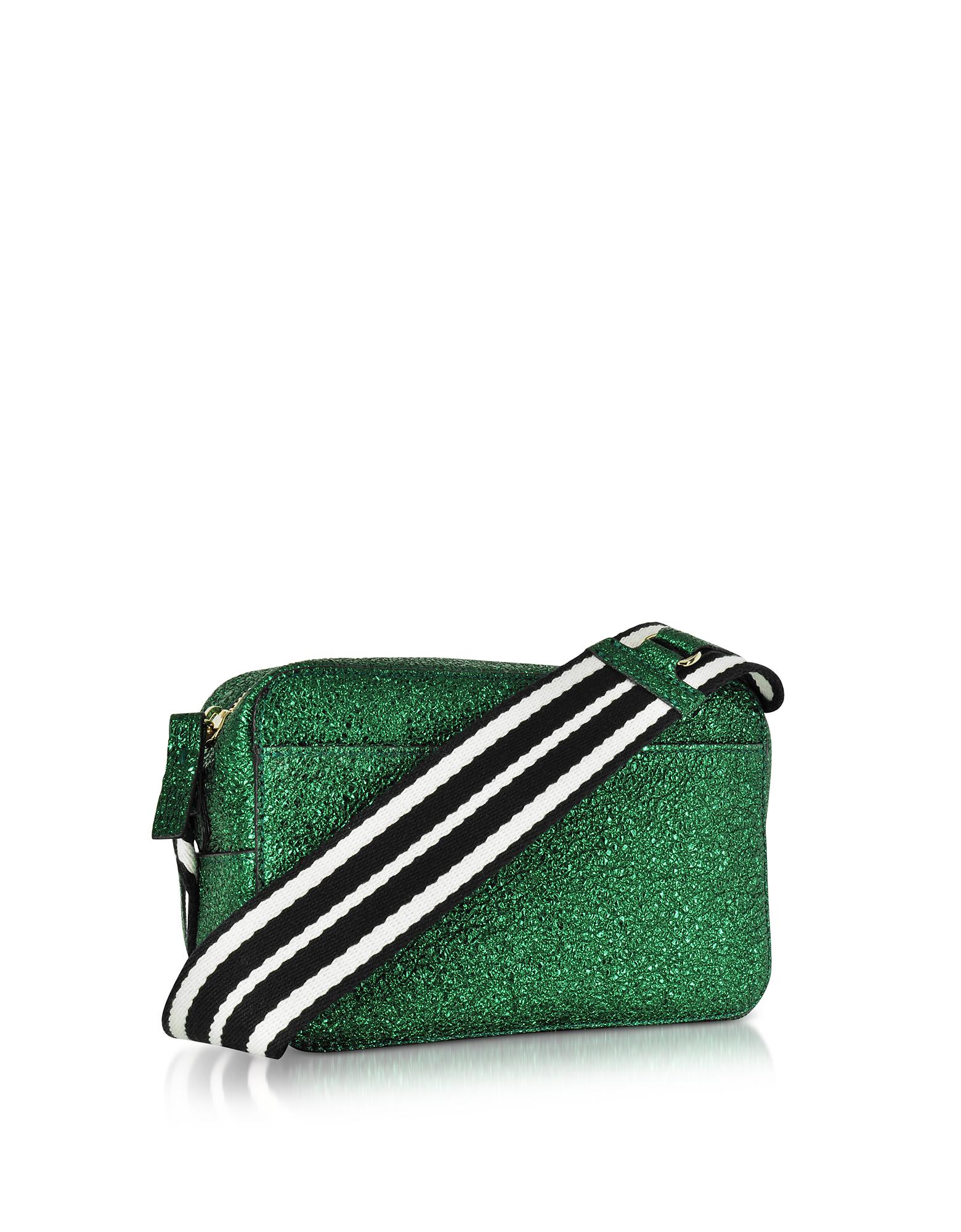 RED Valentino Dark Green Crackled Metallic Leather Crossbody Bag W/striped Canvas Strap - Lyst