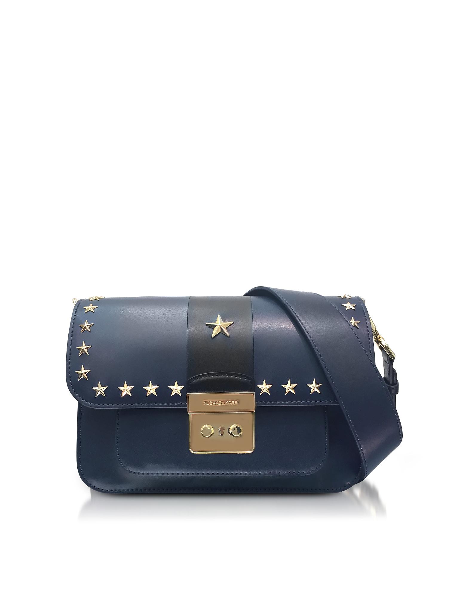 Michael Kors Blue Sloan Editor Large Admiral And Black Leather Shoulder Bag W Stars