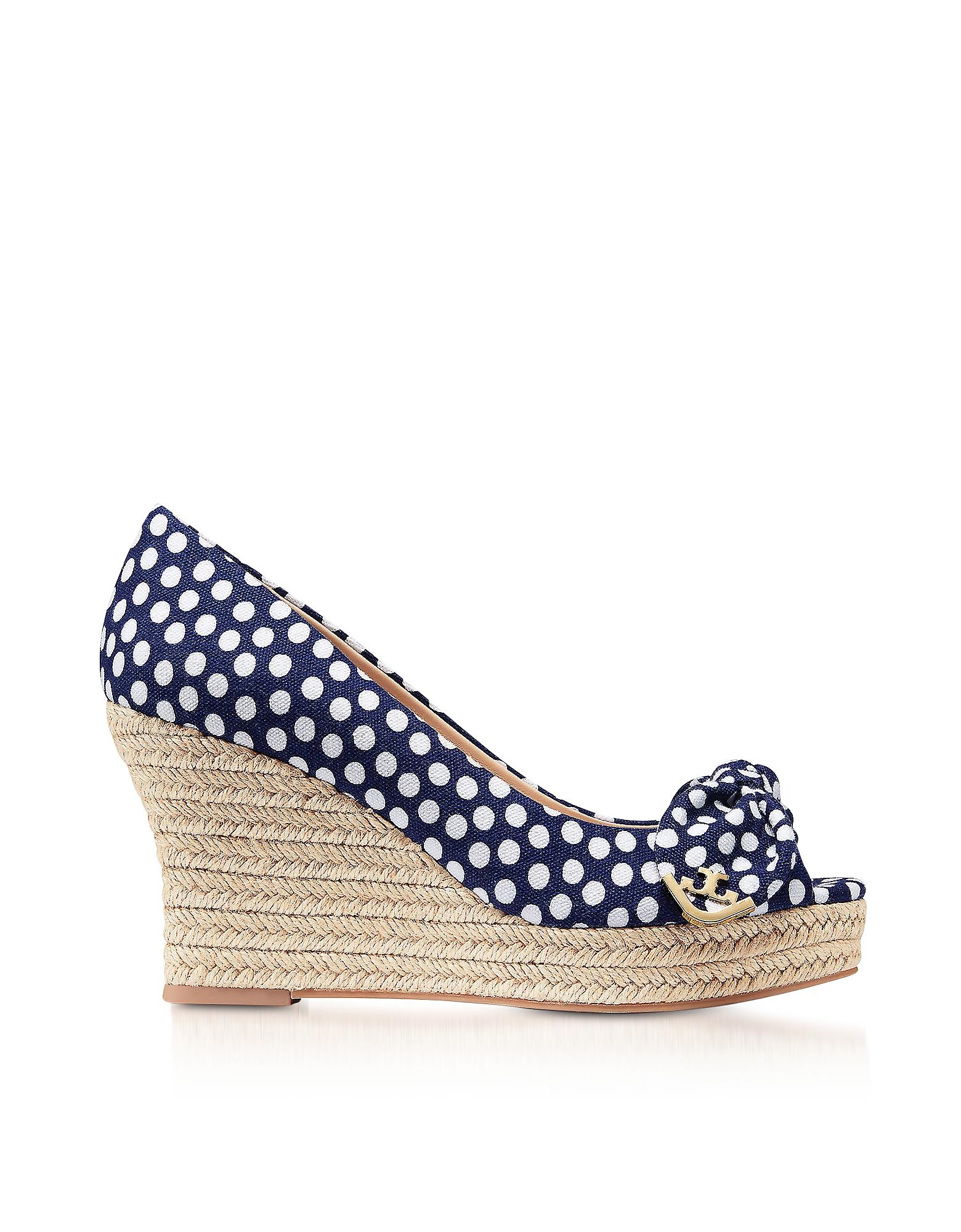 Tory Burch Peep Toe Navy Blue & Ivory Dots Canvas Wedge Espadrilles - Lyst