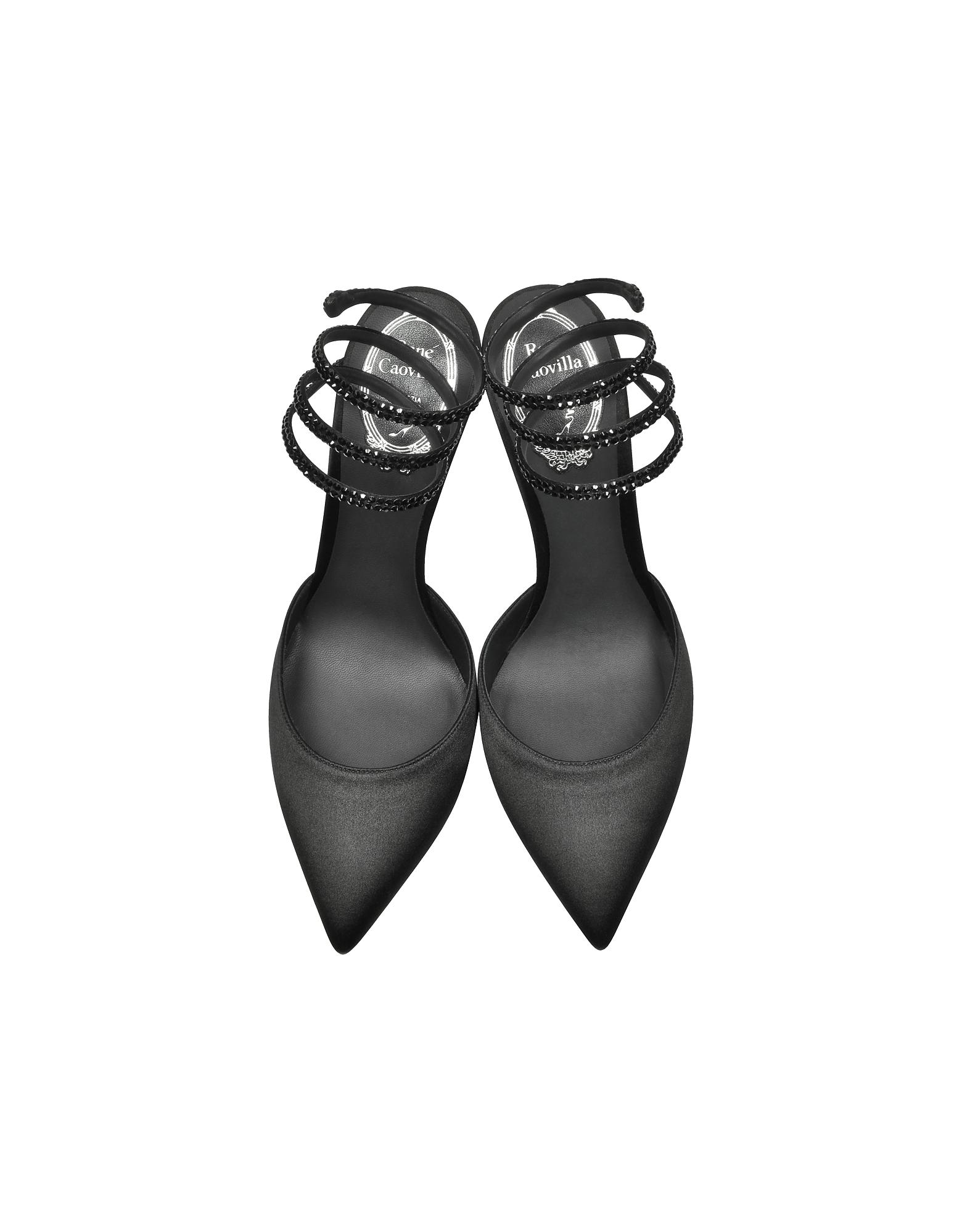 Rene Caovilla Cleo Black Satin High Heel Slingback Pumps W ...