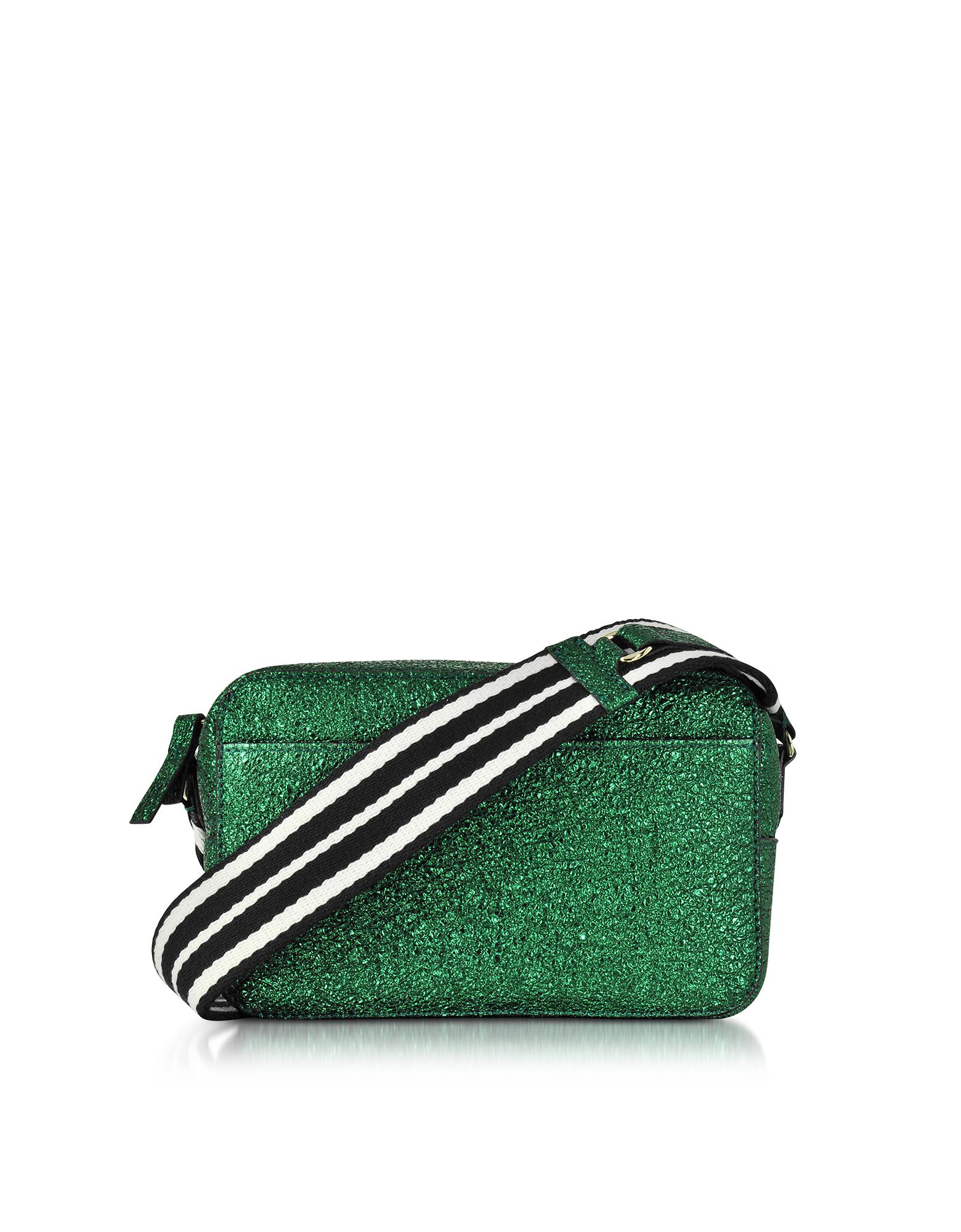 RED Valentino Dark Green Crackled Metallic Leather Crossbody Bag W/striped Canvas Strap in Green ...