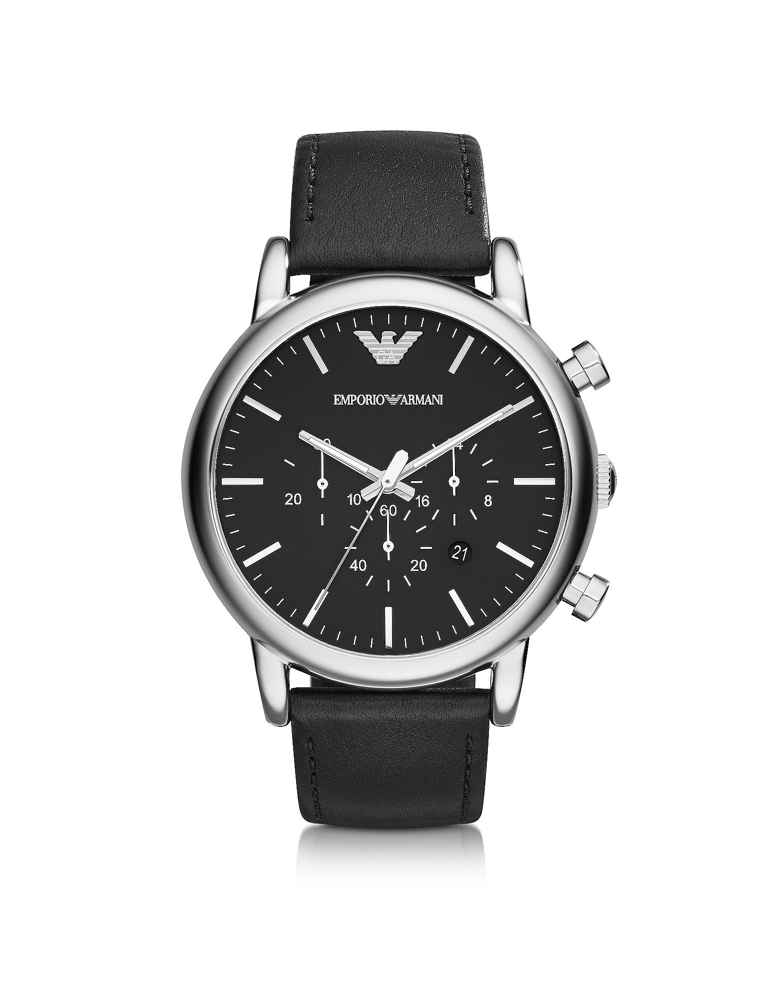 Lyst - Emporio Armani Silver Tone Stainless Steel & Black Leather Strap ...