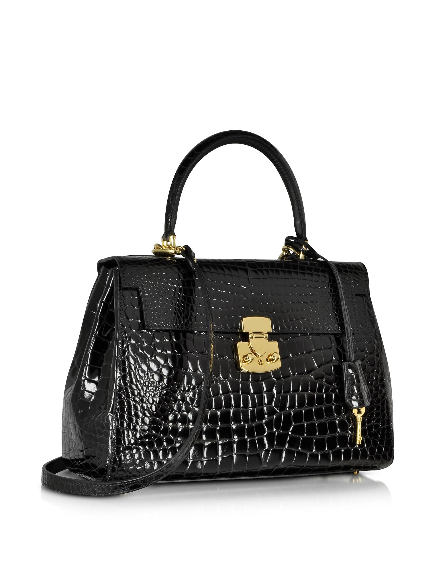 Fontanelli Shiny Black Croco Style Leather Handbag In Lyst