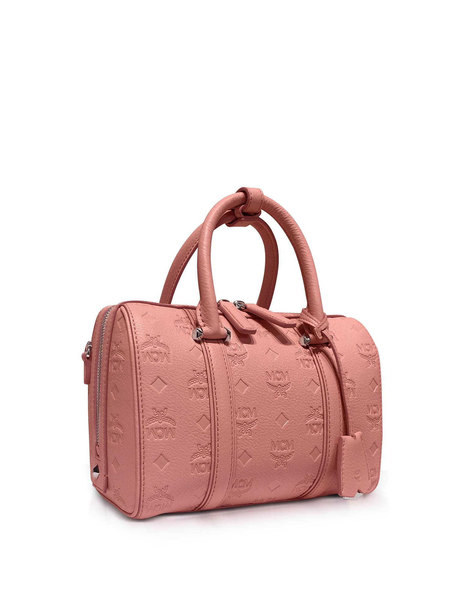 MCM Small Pink Blush Signature Monogrammed Leather Boston Bag - Lyst