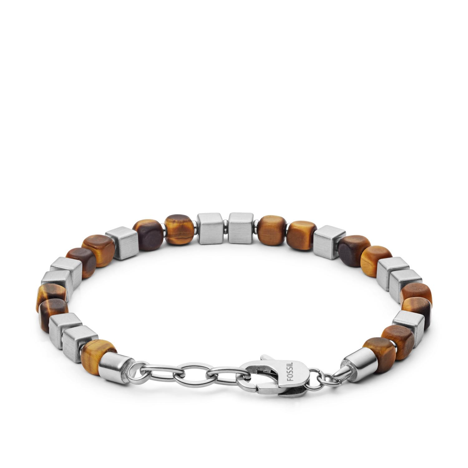 Fossil Square Tiger's Eye And Stainless Steel Beaded